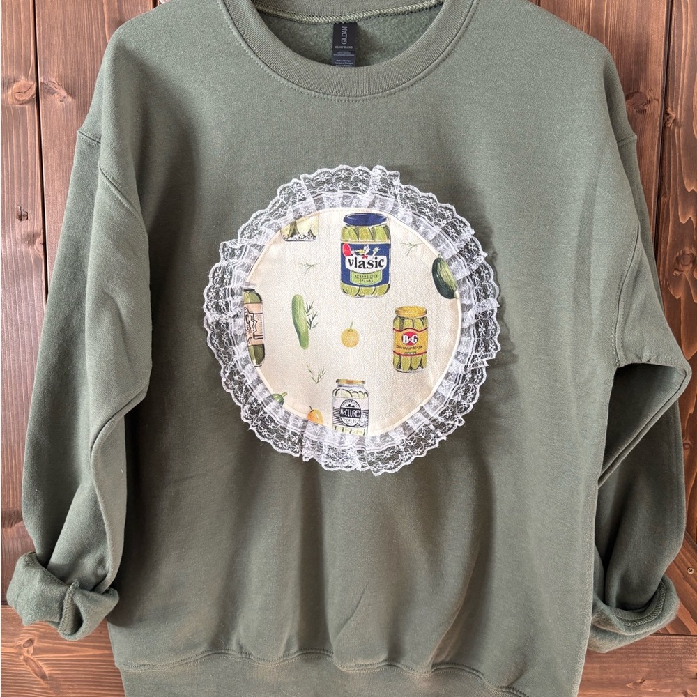 Olive Green Sweatshirt with Jar Appliqué